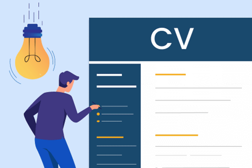 Man designing a professional CV under a lightbulb idea icon