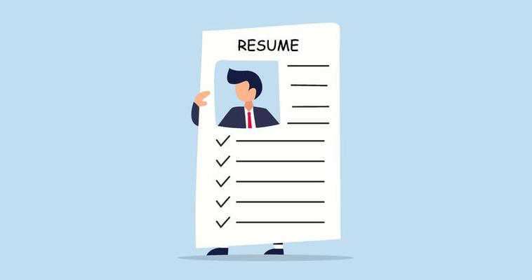resume for freshers Cartoon of a man holding a checklist-style resume