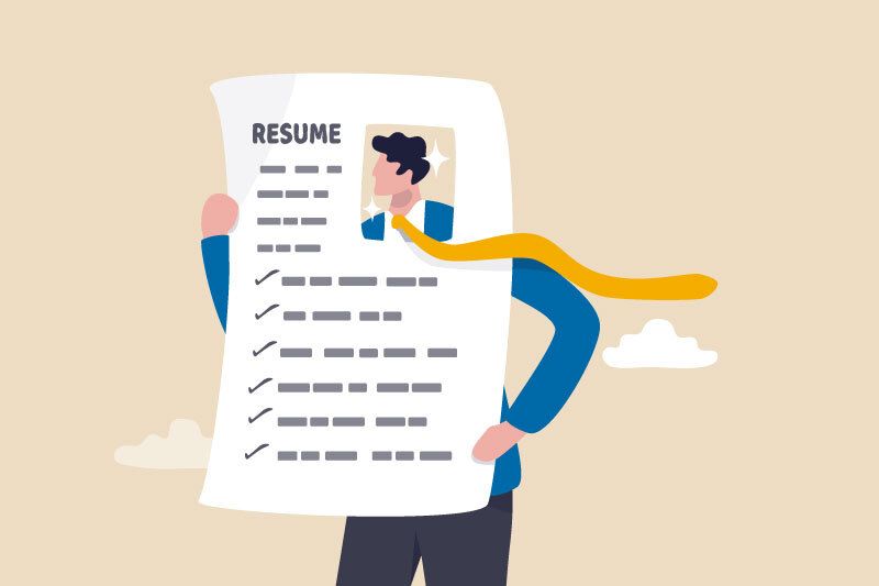 resume for freshers Professional holding an oversized resume with confidence