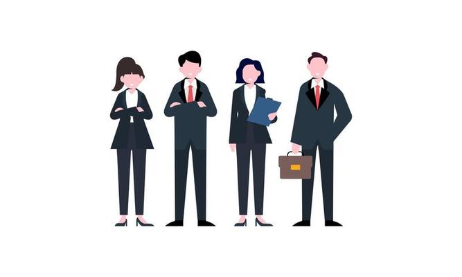 Four corporate professionals in minimal, flat-design illustration