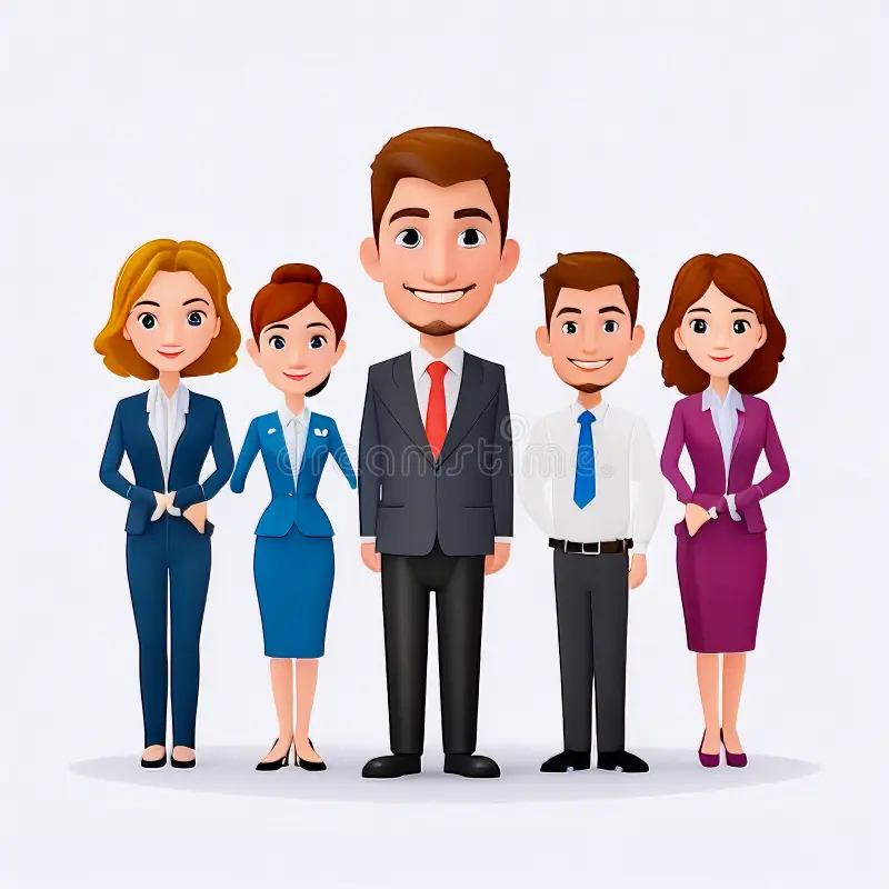 Cartoon-style office staff in formal clothes with cheerful expressions