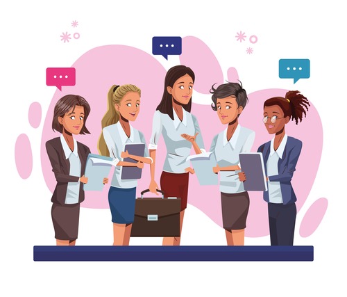 Group of five women professionals having a discussion with documents