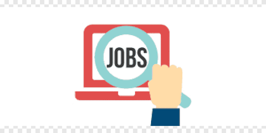 Hand holding magnifying glass over a laptop showing "JOBS"