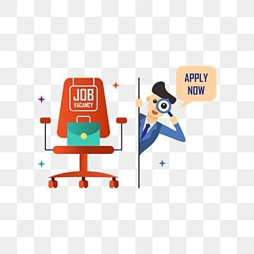 Cartoon man peeking at a red chair marked “Job Vacancy” with “Apply Now” speech bubble