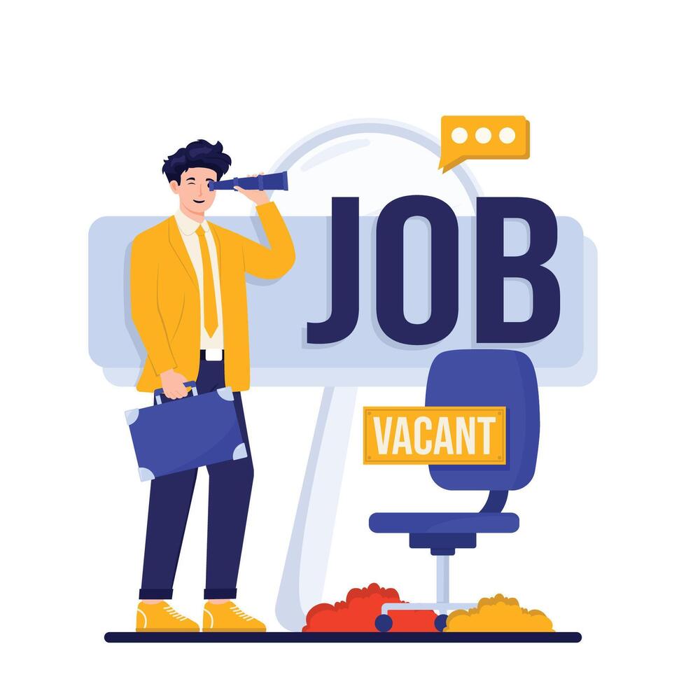 Man with briefcase and binoculars looking at a vacant job seat