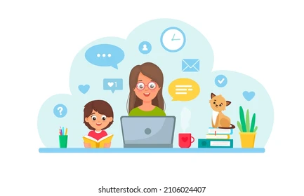 teacher jobs app Woman teaching a child online with educational icons in the background.