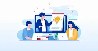 teacher jobs app Educator presenting an idea on screen to two learners via virtual platform.