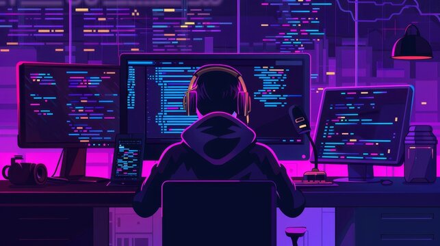 developer web jobs Night coder working with multiple screens and neon lighting